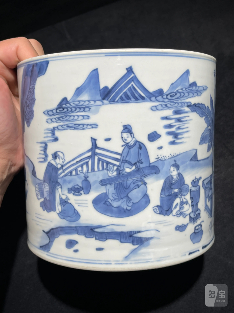清康熙 青花竹林七贤纹笔筒 - 图2